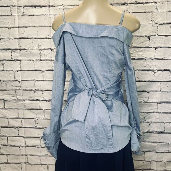 Tea & Cup Womens Blue Cold Shoulder Knot Back Long Sleeve Shirt Size Small - Picture 2 of 6